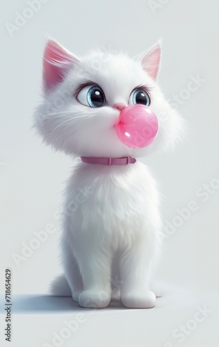 White beautiful cat blows a pink bubble of chewing gum © davstudio