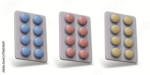 Set of blisters with pills of different colors. Vitamins, antibiotics, pain reliever. Medicines for different purposes. Isolated vector mockups with shadows