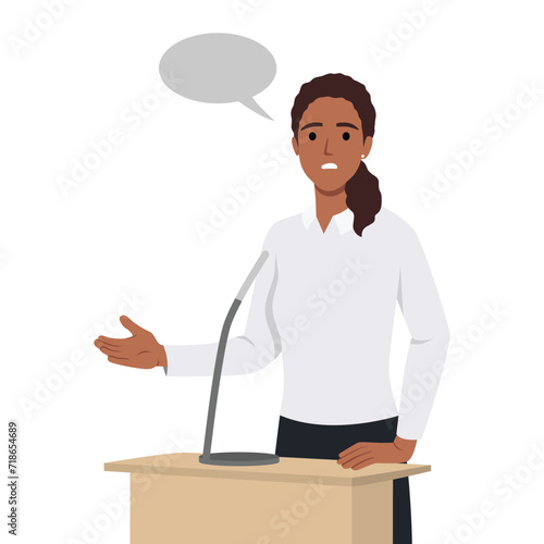 Young Business woman or politician speaking at the podium. Flat vector illustration isolated on white background