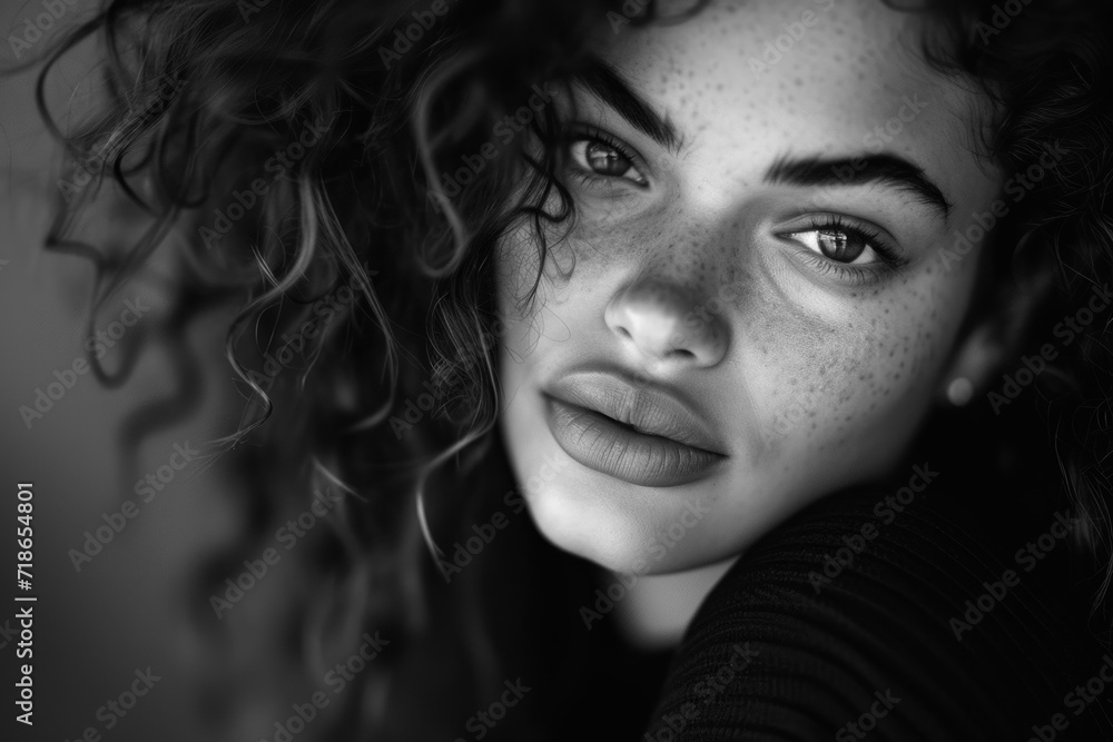A black and white close-up portrait of a beautiful woman female model in her 30s with freckles and curly hair and luscious big lips looking at the camera. 