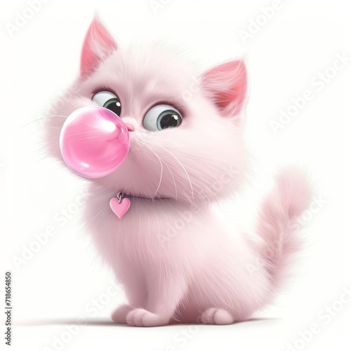 Pink cute cat blowing a pink bubblegum bubble