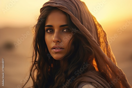 Portrait of a young Arabic woman in a hijab in the desert against the sunset  Arabian women face the sunset Ai generated