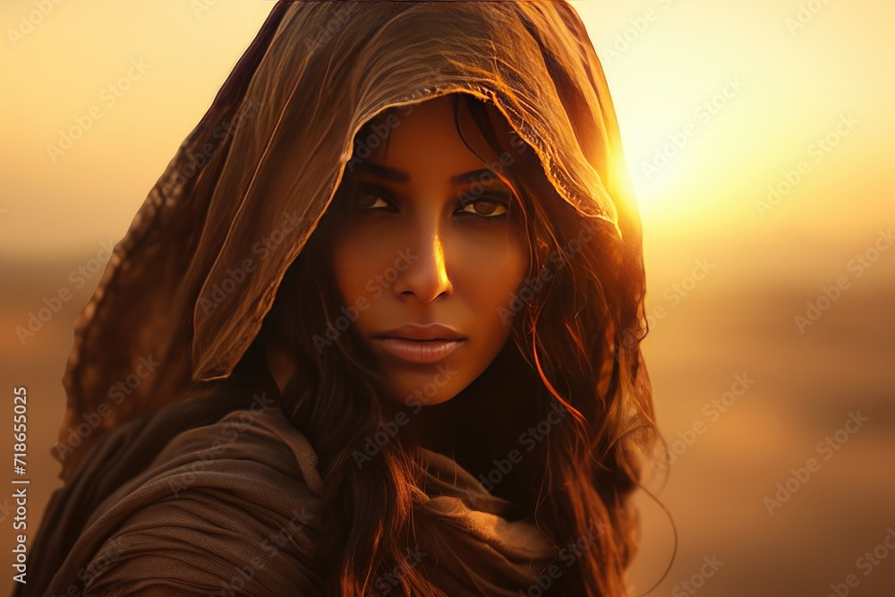 Portrait of a young Arabic woman in a hijab in the desert against the sunset, Arabian women face the sunset Ai generated Portrait of a young Arabic woman in a hijab in the desert against the sunset, Arabian women face the sunset Ai generated