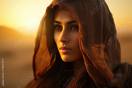 Portrait of a young Arabic woman in a hijab in the desert against the sunset  Arabian women face the sunset Ai generated