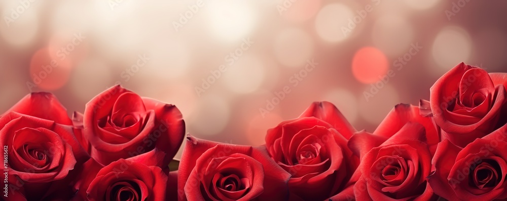 Beautiful pile of red roses in photo with glitter bokeh light background. generative AI Beautiful pile of red roses in photo with glitter bokeh light background. generative AI