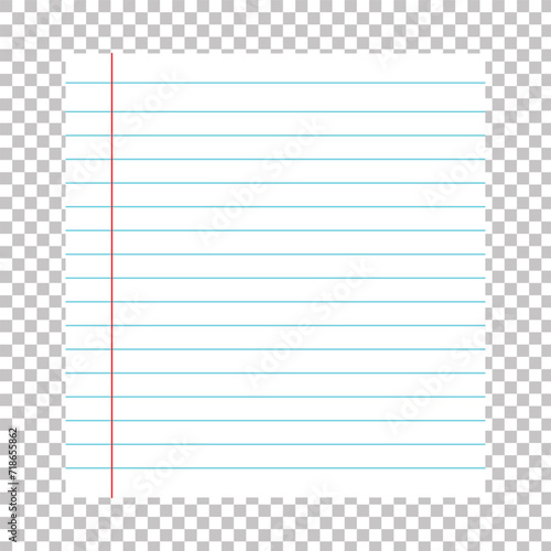 Ruled sheet of notebook paper placed on transparent background. Vector paper template. EPS file 55.
