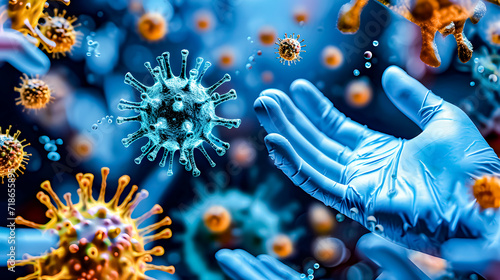 Blue-gloved hand of a doctor or scientist and microbes in the air. Coronaviruses and pathogens.
