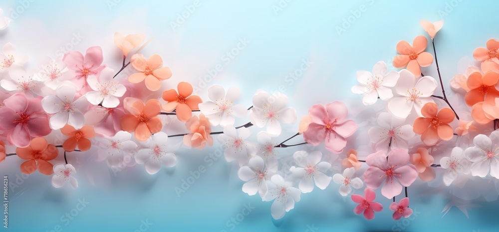 Beautiful cherry blossoms in bloom in the photo on a light blue background. generative AI