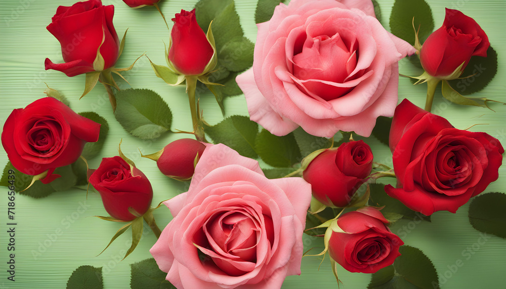 bouquet of red and pink roses on a green background