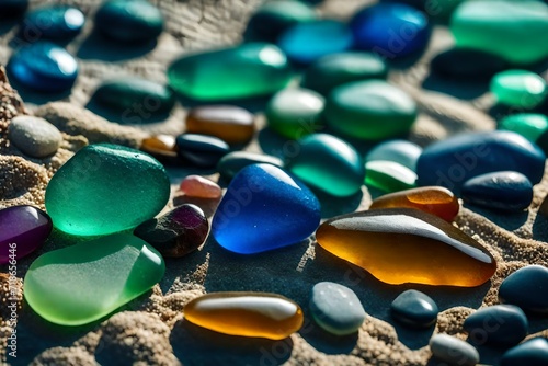 blue and green beads on the sand