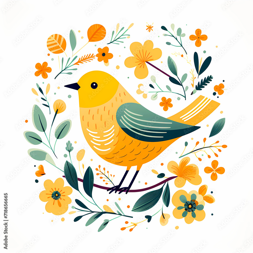 Bird on branch and flowers Bird on branch and flowers