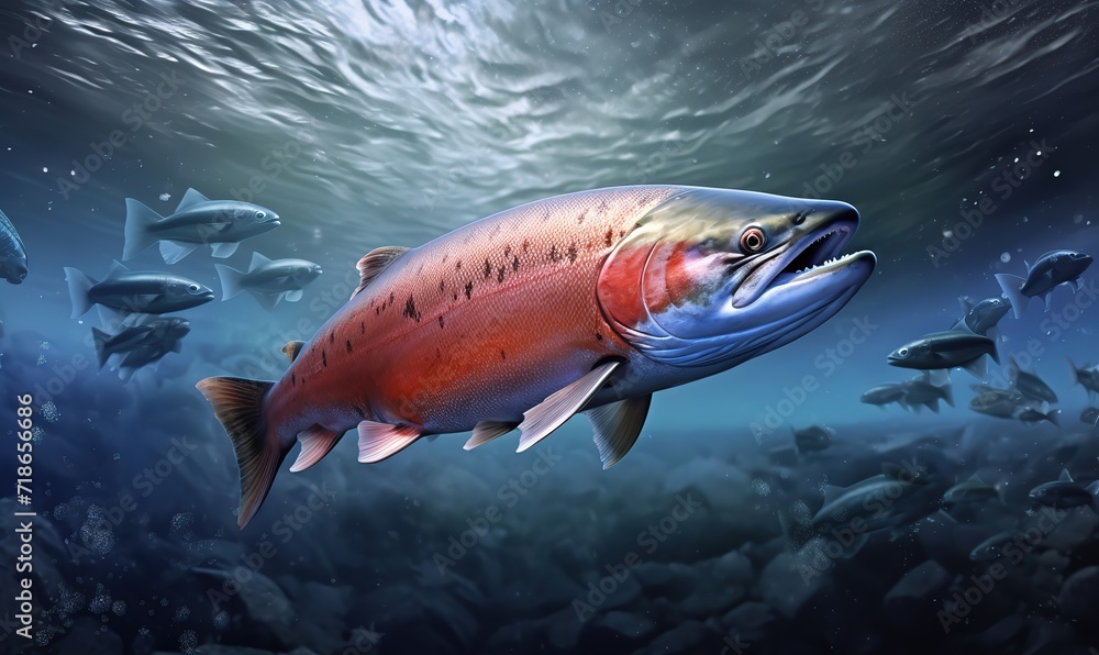 Naklejka premium Salmon fish in clear water. generative AI. generative AI