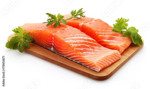 Fresh salmon slices decorated with green leaves. generative AI
