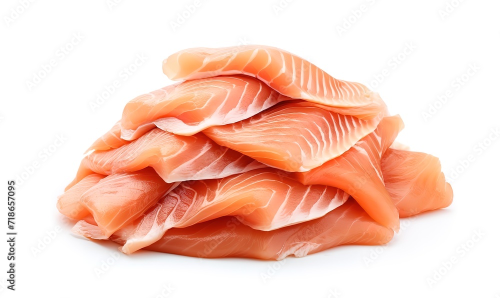 Pile of fresh salmon slices on white Background. generative AI Pile of fresh salmon slices on white Background. generative AI