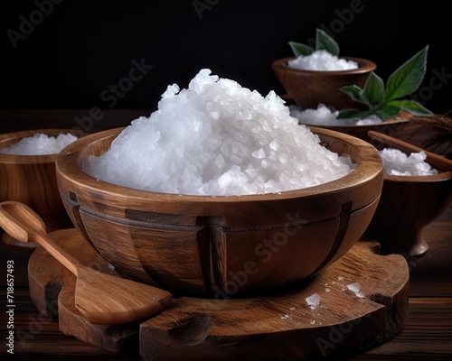 A wooden bowl containing white salt In the photo on a table with a black background. generative AI