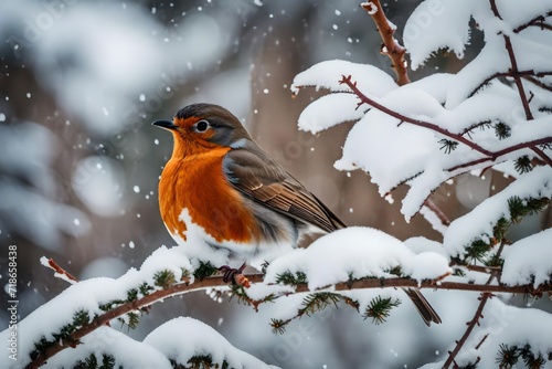 robin on a branch in snow