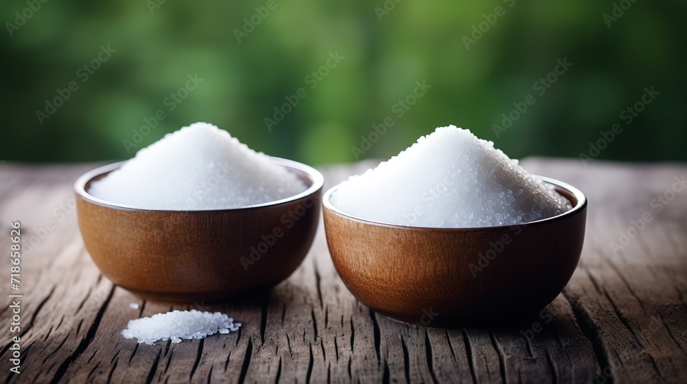 A wooden bowl filled with salt is pictured on a table with leaves in the background with a bokeh effect. generative AI A wooden bowl filled with salt is pictured on a table with leaves in the background with a bokeh effect. generative AI