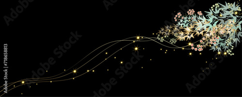 Vector art deco luxury flower, leaves, gold shine line art background. Golden botany banner. Japanese style Hand drawn vector. Line art style design. Hand drawn florals for packaging,coveand wall arts