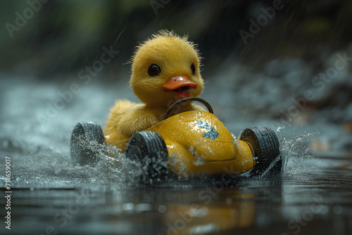 Funny Duck Races a Yellow Vintage Car Through a Giant Puddle