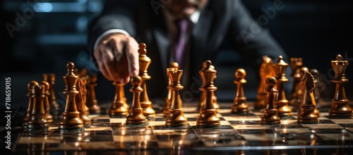 Businessman playing chess on a chessboard. Business strategy concept.
