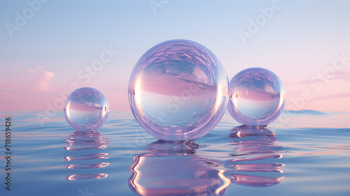 The sky was alive with the sparkling reflections of an outdoor oasis, where glassy spheres of pink bubbles floated gracefully across the shimmering water,, 3d illustration of huge soap bubbles on a ba