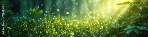 Panel kuchenny z motywem Lush green grass on meadow with drops of water dew in shining light. Generative AI