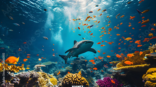 Underwater Scene With Coral Reef And Exotic Fishes  beautiful underwater scenery with various types of fish and coral reefs  colorful fish groups and sunny sky shining through clean sea water.