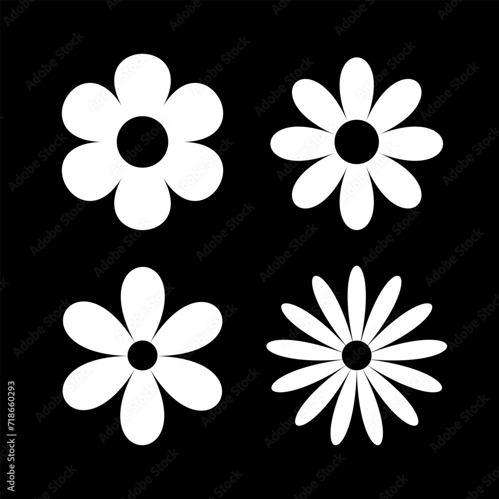 Four white daisy chamomile set line. Camomile round icon. Cute cartoon flower head plant collection. Nature style. Growing concept. Love card symbol. Flat design. Isolated. Black background.