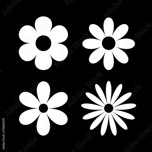 Four white daisy chamomile set line. Camomile round icon. Cute cartoon flower head plant collection. Nature style. Growing concept. Love card symbol. Flat design. Isolated. Black background.