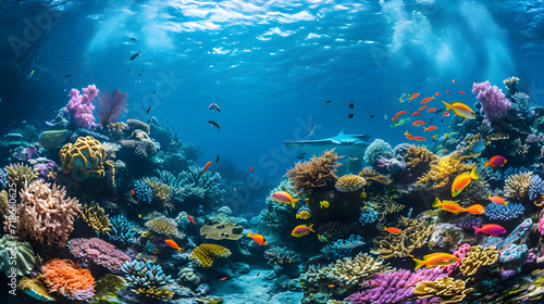Underwater Scene With Coral Reef And Exotic Fishes, beautiful underwater scenery with various types of fish and coral reefs, colorful fish groups and sunny sky shining through clean sea water. © Saleem
