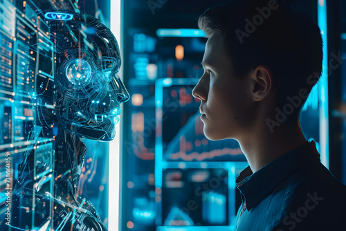 A man talking with AI simulation. Technology in the future. photo