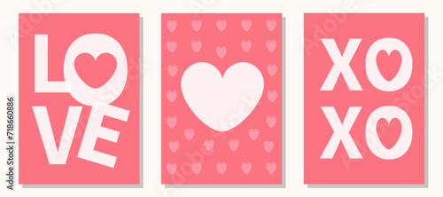 LOVE, XOXO. Hugs and kisses lettering. Heart shape sign symbol. Happy Valentines Day greeting card, poster, banner set. Typography. Social media templates. Flat design. Pink background.