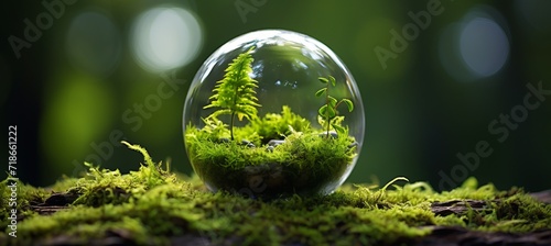 Glass globe on green moss in nature, environment conservation concept