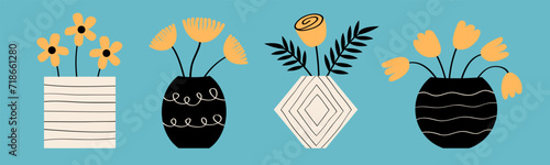 Flower in vase icon set. Different orange flowers. Ceramic glass vases. Daisy, tulip, rose, leaf. Line banner. Pottery Glass decoration. Modern abstract Boho art. Blue background. Flat design.