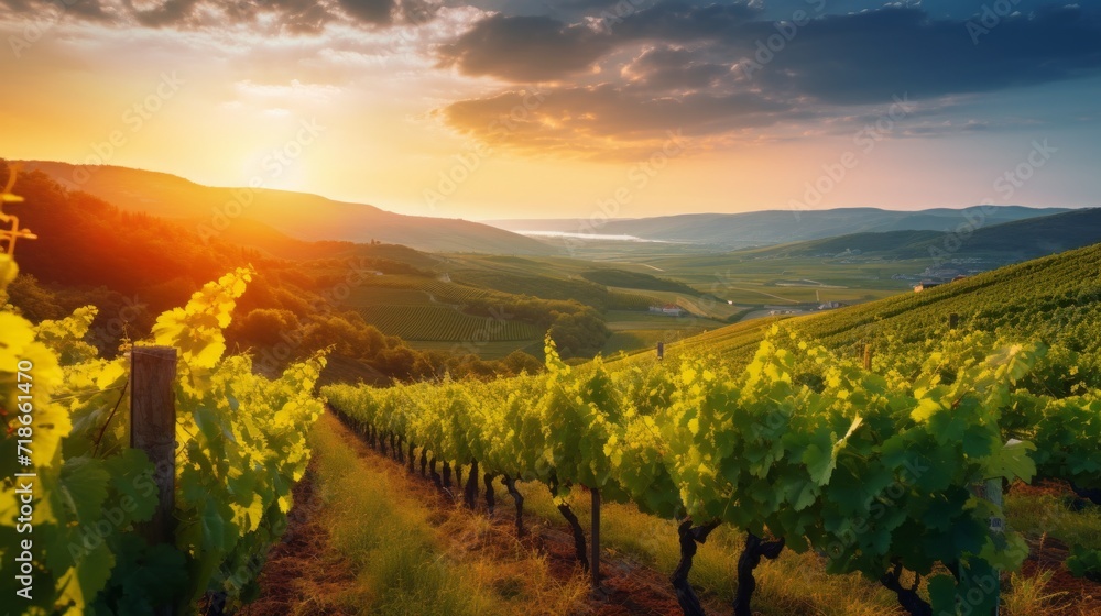 Vineyards with vines in the evening sun in Europe. Industrial production at the winery, Farming farming, Agriculture concepts.