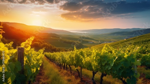 Vineyards with vines in the evening sun in Europe. Industrial production at the winery, Farming farming, Agriculture concepts.