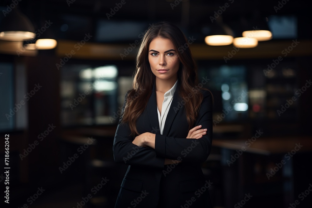 Young beautiful business woman in a business suit smiling and looking at the camera, portrait of a successful woman in the office, female worker with crossed arms Young beautiful business woman in a business suit smiling and looking at the camera, portrait of a successful woman in the office, female worker with crossed arms