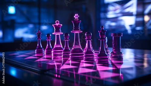 Vibrant neon colored chess pieces arranged on a chessboard against a dark backdrop