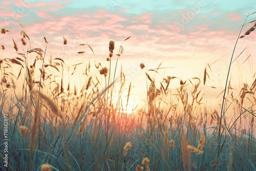 Sunset in the meadow with grasses,  Nature background