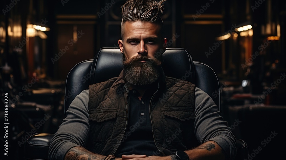 Bearded model man and barber