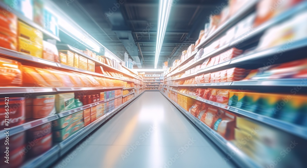 Photo of a supermarket selling various kinds of products with bright light and blur effect. generative AI - obrazy, fototapety, plakaty 