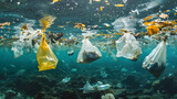Plastic carrier bags and other garbage pollution in ocean, Bottles, bags, cans and other rubbish thrown into sea causing environmental problems. Generative Ai