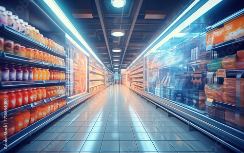 Photo of a supermarket selling various kinds of products with bright light and blur effect. generative AI