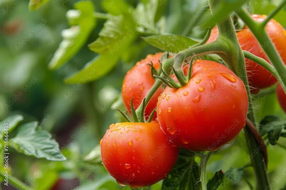 A close-up view featuring ripe tomatoes growing on a vibrant plant, capturing the essence of organic farming, fresh harvest, and natural abundance in a home garden sett