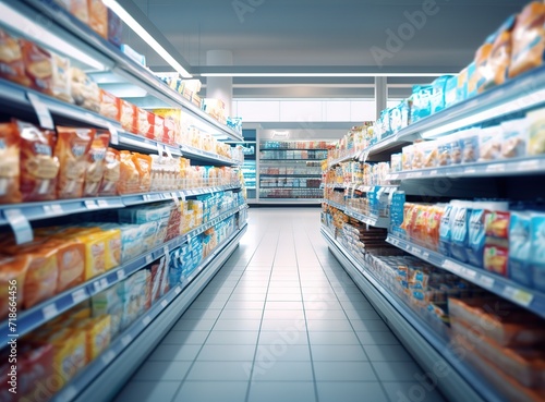 Photo of a supermarket selling various kinds of products with bright light and blur effect. generative AI