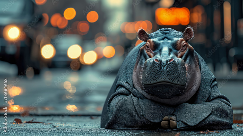 Fashionable hippopotamus graces city streets in tailored elegance, epitomizing street style. The realistic urban backdrop frames this large mammal, seamlessly merging aquatic allure with contemporary 
