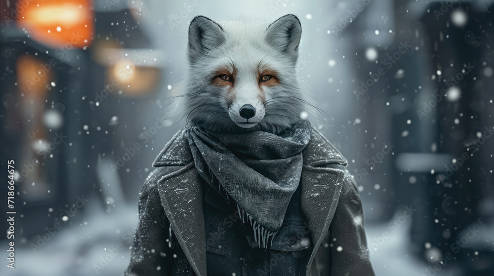 Stylish polar fox roams city streets in tailored elegance, epitomizing street style. The realistic urban backdrop frames this arctic creature, seamlessly merging snowy charm with contemporary flair in