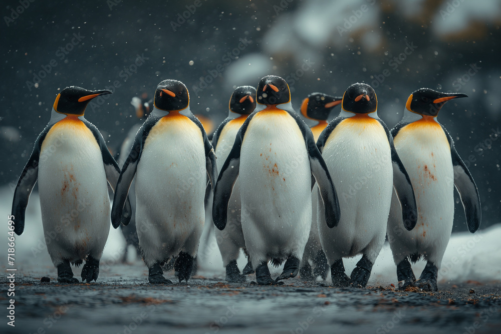 Fototapeta premium A Group of Penguins Stands on Rocky Terrain Amidst Snow Flurries in the Antarctic Wilderness