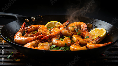 Frying shrimps with lemon in the frying pan