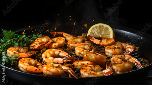 Frying shrimps with lemon in the frying pan